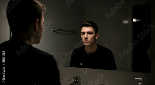 Introspective Young Man Gazing Thoughtfully Into A Bathroom Mirror In Dim Lighting
