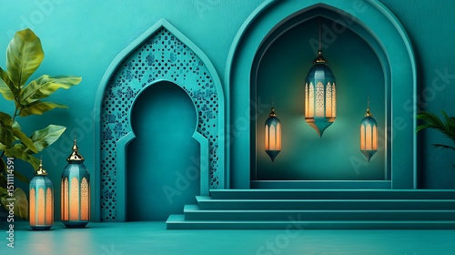 Teal archway with lanterns, plant, steps
