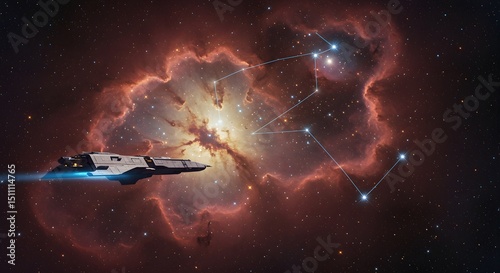 Spaceship Flies Through Space Nebula Constellation