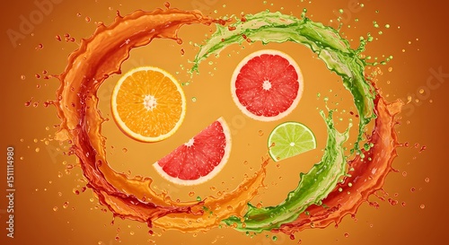 Citrus Fruits with Colorful Liquid Splash