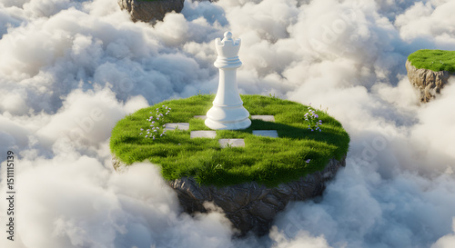 Queen Chess Piece On A Floating Island Surrounded By Fluffy Clouds photo
