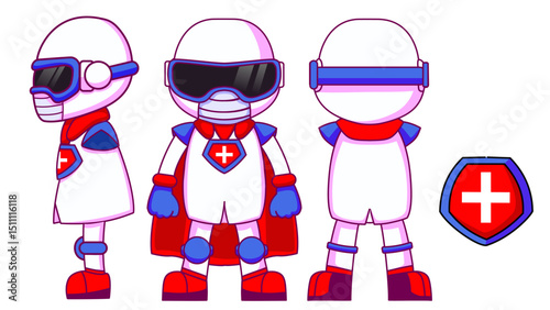 Original character illustration of a futuristic health guardian hero. This medical-themed superhero features protective gear, a red cape, and a cross emblem on the chest, symbolizing health and safety