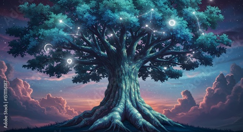 Magical Tree with Lights Against a Twilight Sky