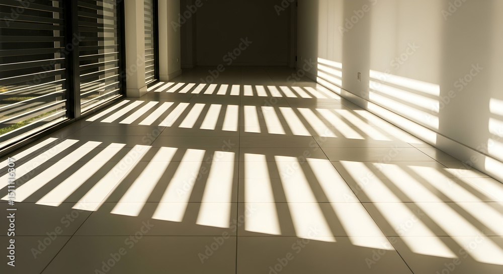Obraz premium Bright Shadows Cast By Window Blinds Create a Geometric Pattern
