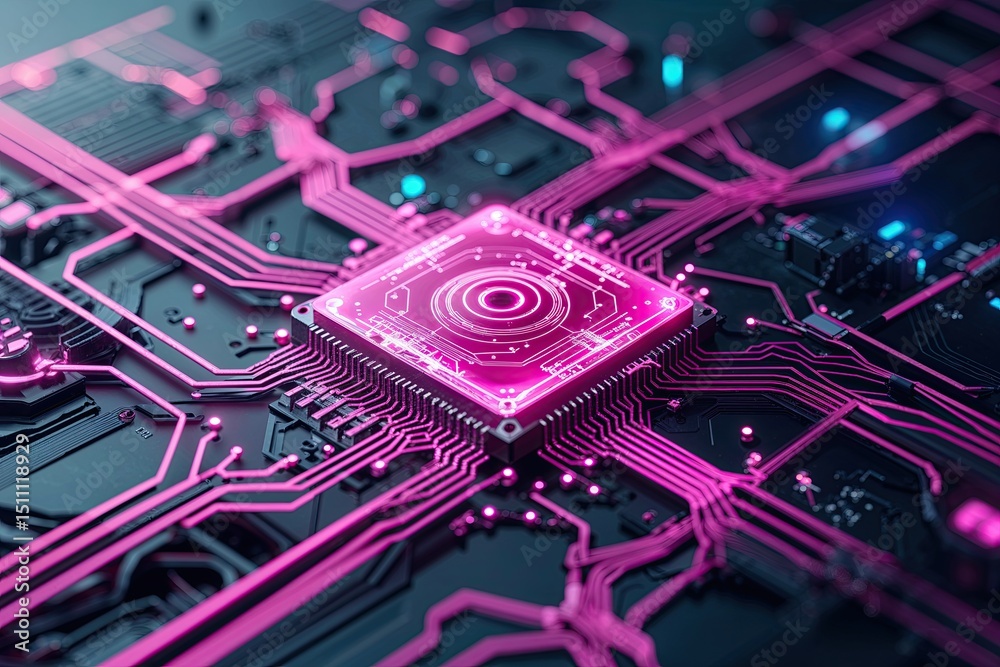 Fototapeta premium Futuristic Technology Background Featuring Advanced Quantum Computing Paradigms with Unique Magenta Circuit Patterns and Dynamic Flow Visualization