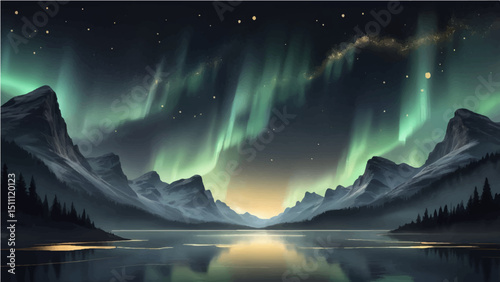 grey northern lights scene glowing in the night sky decorated with golden glow effect and stars, luxury style background design concept.2