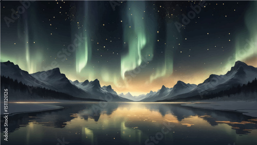 grey northern lights scene glowing in the night sky decorated with golden glow effect and stars, luxury style background design concept.3