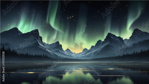 grey northern lights scene glowing in the night sky decorated with golden glow effect and stars, luxury style background design concept.