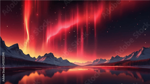 red northern lights scene glowing in the night sky decorated with golden glow effect and stars, luxury style background design concept.4