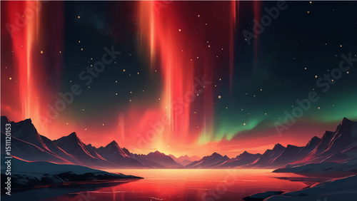 red northern lights scene glowing in the night sky decorated with golden glow effect and stars, luxury style background design concept.3