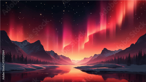 red northern lights scene glowing in the night sky decorated with golden glow effect and stars, luxury style background design concept.