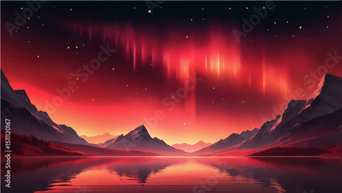 red northern lights scene glowing in the night sky decorated with golden glow effect and stars, luxury style background design concept.2