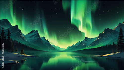 Green northern lights scene glowing in the night sky decorated with golden glow effect and stars, luxury style background design concept.7