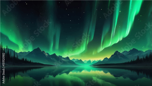 Green northern lights scene glowing in the night sky decorated with golden glow effect and stars, luxury style background design concept.6