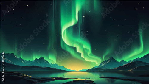 Green northern lights scene glowing in the night sky decorated with golden glow effect and stars, luxury style background design concept.8