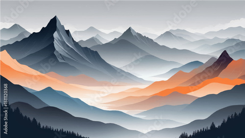 abstract a minimalist vector illustration of layered mountain ranges in grayscale. The design should feature soft gradients and overlapping silhouettes to convey depth, with the closest mountains 