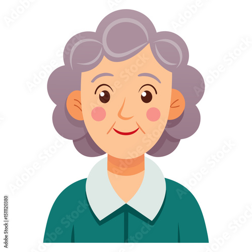 A friendly, cartoon elderly woman with gray curly hair, rosy cheeks, and a warm smile, wearing a green collar shirt, symbolizing a grandmother, senior, or elder.