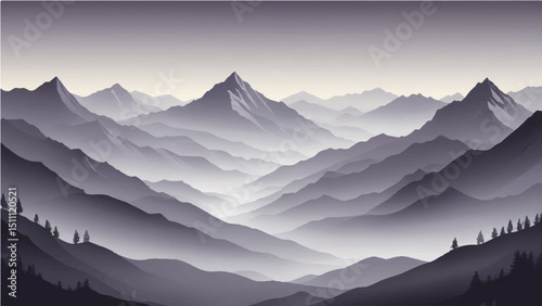 Create a minimalist vector illustration of layered mountain ranges in grayscale. The design should feature soft gradients and overlapping silhouettes to convey depth, with the closest mountains in 