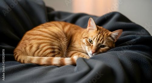 Ginger Tabby Cat Napping Comfortably on Soft Gray Blanket Indoors Portrait