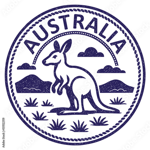 Australia stamp with kangaroo illustration, vintage travel stamp on transparent background, vector blue