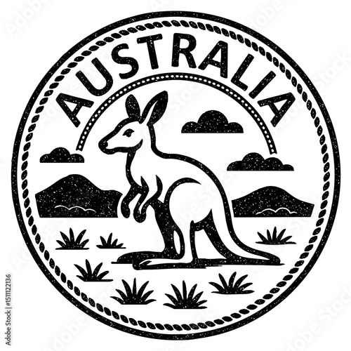 Australia stamp with kangaroo illustration, vintage travel stamp on transparent background, vector black