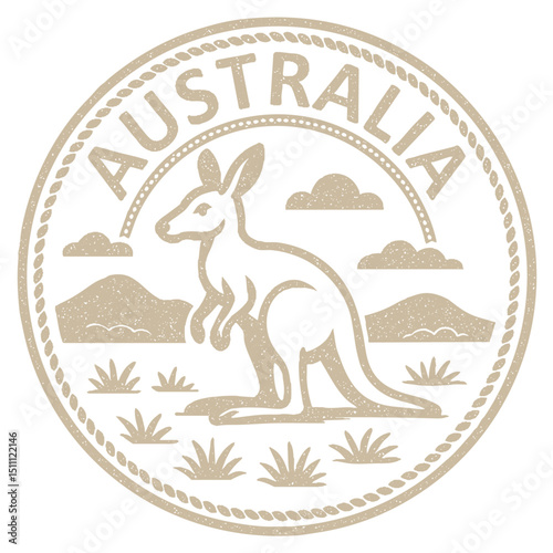Australia stamp with kangaroo illustration, vintage travel stamp on transparent background, vector beige