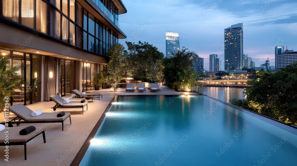 Obraz premium Luxurious rooftop pool with city skyline view at dusk, offering serene escape