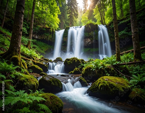 Lush waterfall cascading through a mossy forest