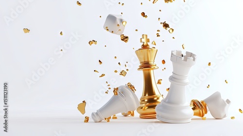 Gold and white chess pieces clash in a dramatic scene.