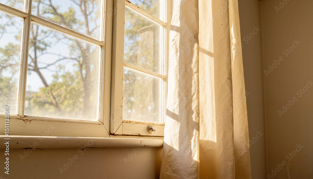 Fototapeta premium Soft sunlight streaming through a window with sheer curtains 