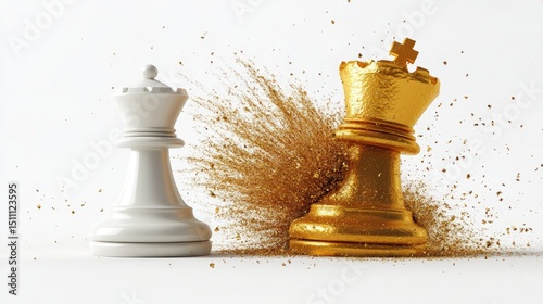 A white chess queen stands victorious over a shattered golden chess queen.