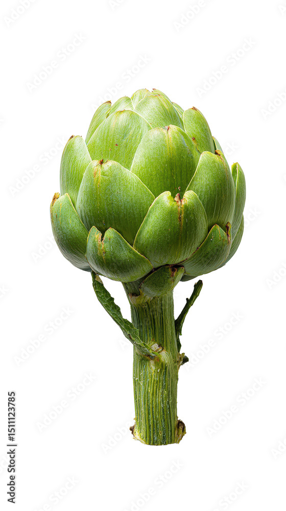 Fototapeta premium Single Raw Artichoke with Textured Stem on White Background, Top Down Closeup