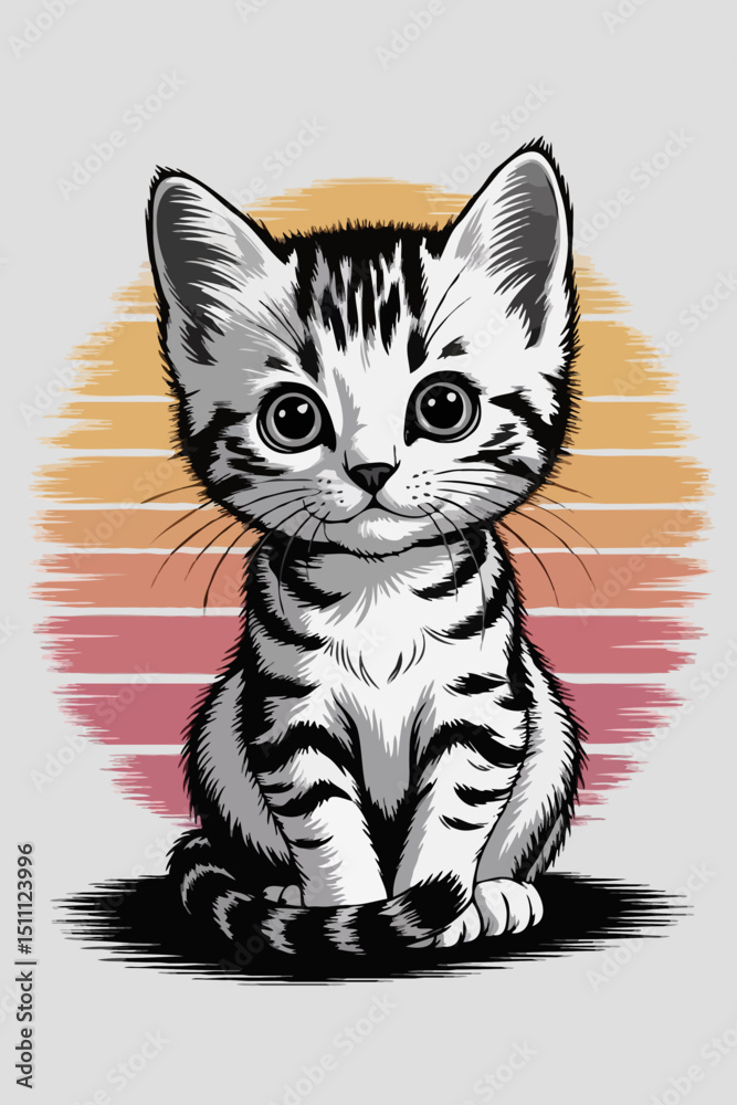 Fototapeta premium Cute striped kitten sitting against a retro sunset background 
