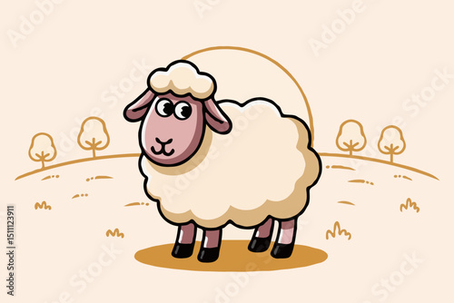 Cartoon sheep standing in a pastoral landscape with trees  