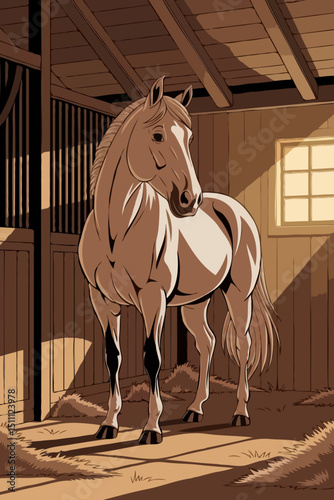 Equine standing gracefully in sunlit barn with wooden beams  