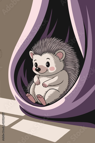 Cute hedgehog sitting inside a curtain with a cozy expression  