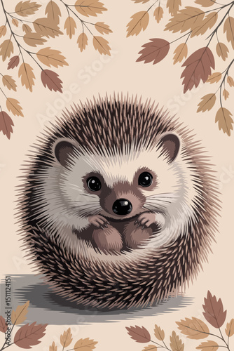 Cute hedgehog curled up on a beige background with autumn leaves  