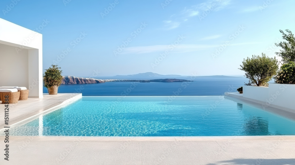 Fototapeta premium Luxurious infinity pool overlooking serene ocean view with clear blue skies and distant islands