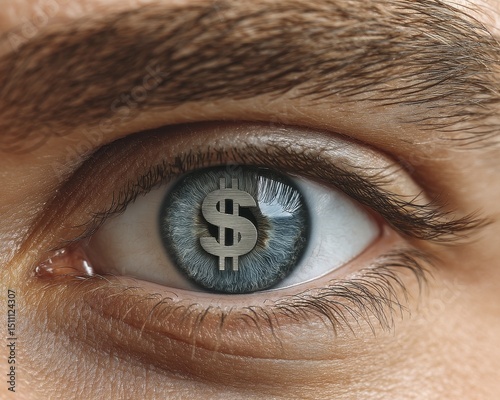 Intense eye, dollar sign pupil reflection, financial preoccupation, materialism, consumerism - gold photography profit