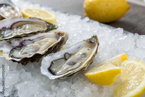 Fresh oysters on crushed ice with lemon wedges in bright and clean seafood presentation photo