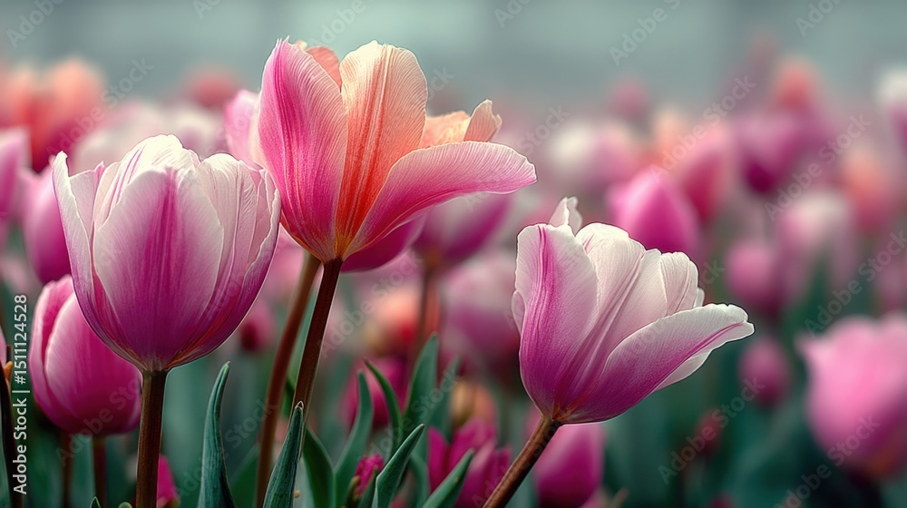 Fototapeta premium Vibrant Pink and White Tulips Blooming in a Serene Spring Garden