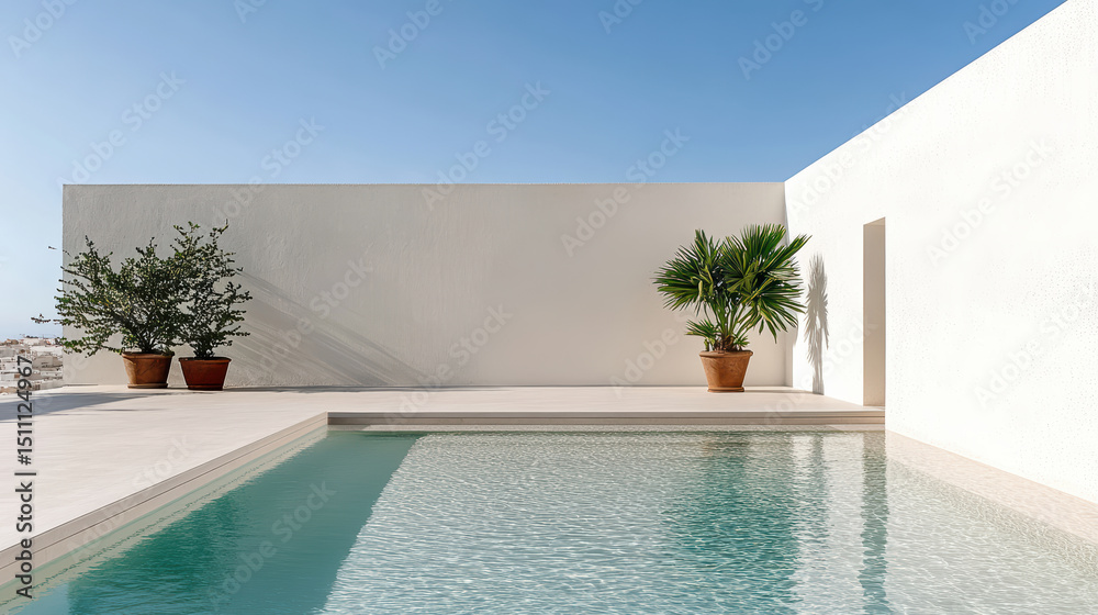 Modern rooftop pool white walls clear water potted plants sunny day