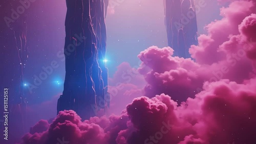 Surreal alien landscape with towering dark pillars rising through glowing pink nebula clouds and blue stars