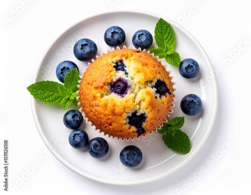 A delicious golden-brown blueberry muffin sits on a white plate surrounded by fresh blueberries and vibrant green mint leaves, a perfect sweet treat for breakfast or dessert.