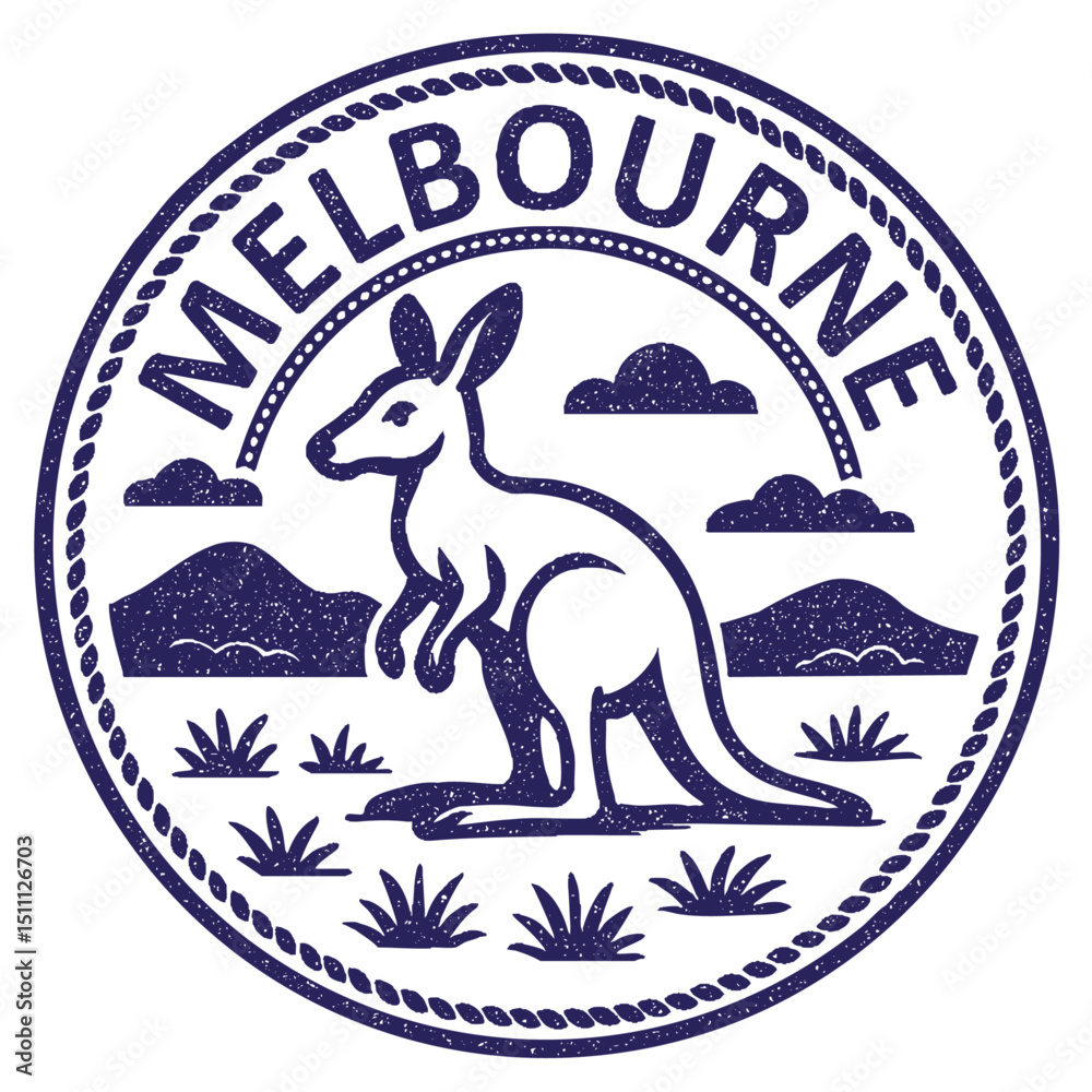 Fototapeta premium Melbourne, Australia stamp with kangaroo illustration, vintage travel stamp on transparent background, vector blue