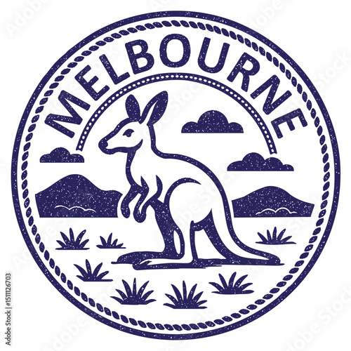 Melbourne, Australia stamp with kangaroo illustration, vintage travel stamp on transparent background, vector blue