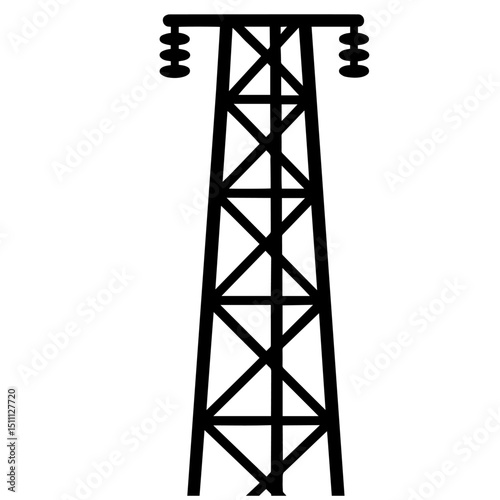 Silhouette of High Voltage Power Transmission Tower – Electrical Infrastructure, Energy Distribution, Utility Pole Icon, Industrial Symbol of Power Supply Network

