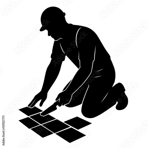 Silhouette of a Male Tile Installer Kneeling and Laying Floor Tiles – Construction Work, Manual Labor, Renovation, Professional Craftsmanship, Home Improvement

