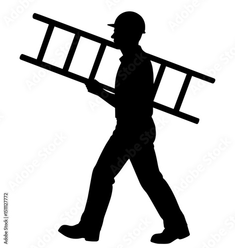 Silhouette of a Worker Carrying a Ladder on Shoulder – Construction, Maintenance, Manual Labor, Safety, Physical Work, Infrastructure Jobs, Symbol of Effort and Readiness

