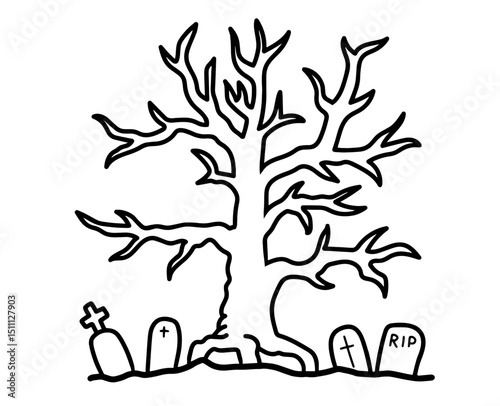 Leafless Tree with Tombstones – Halloween Cemetery Scene, Spooky Graveyard, Death, Eerie Decoration for Horror Themes
